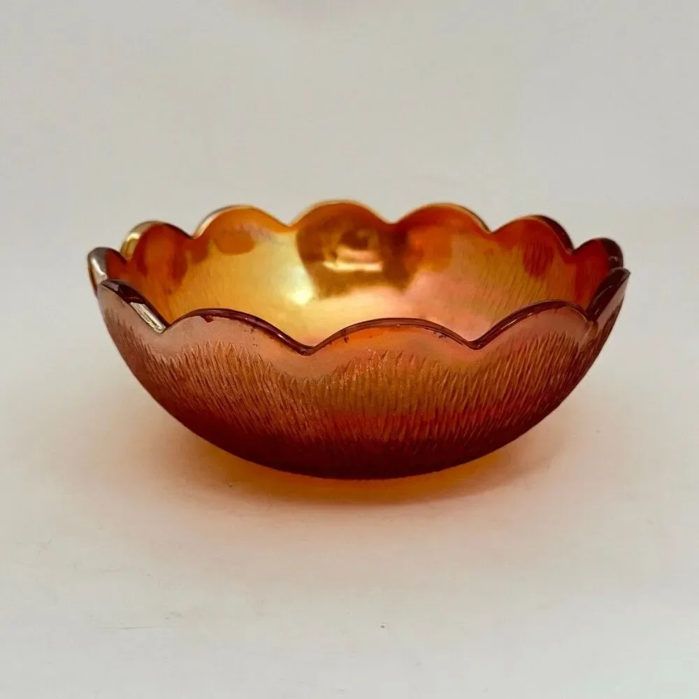 Vintage Jeanette Iridescent Orange Marigold Carnival Glass Scalloped Bowl